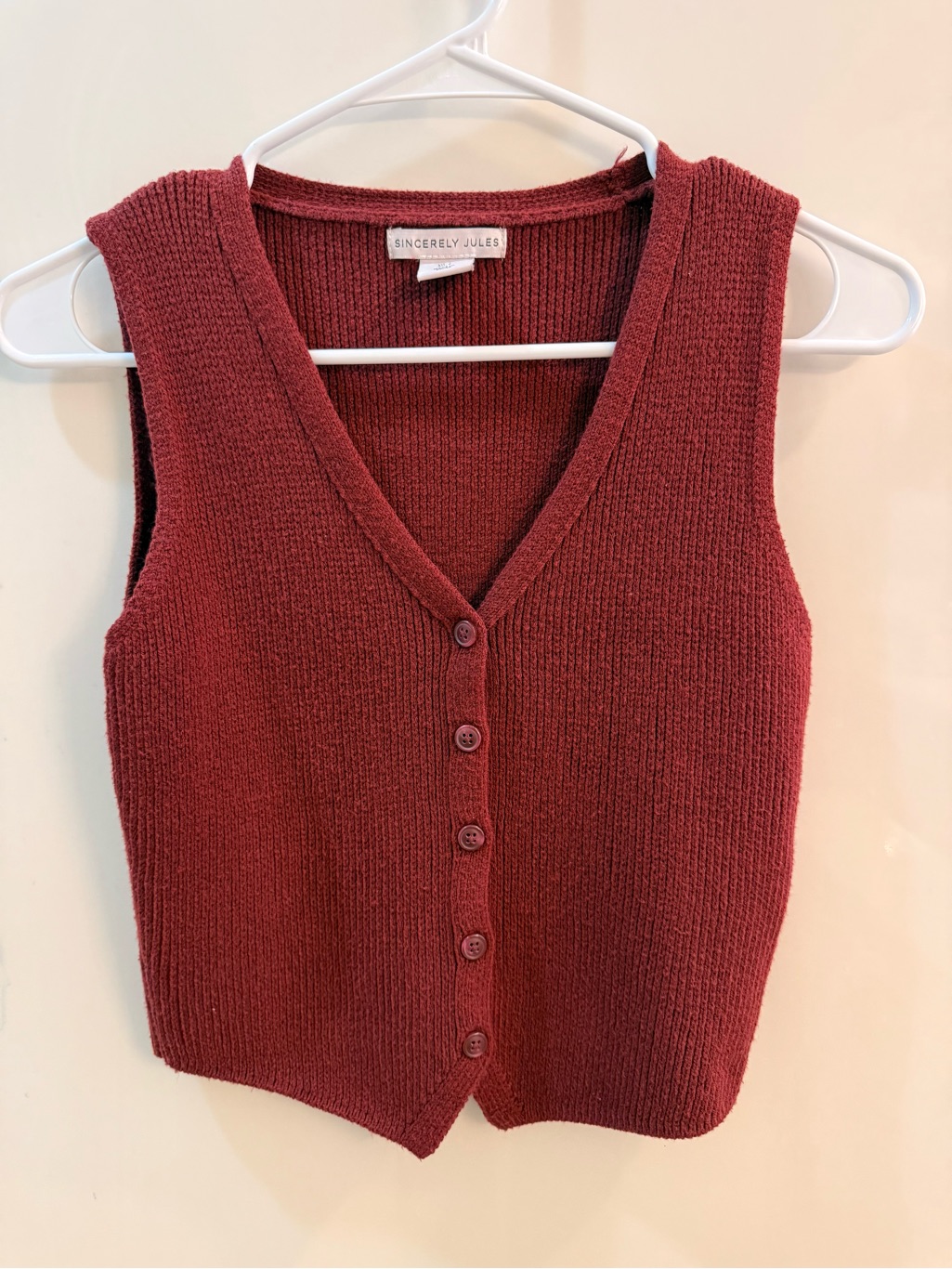 Sincerly Jules Rust Red V-Neck Button Knit Sweater Vest